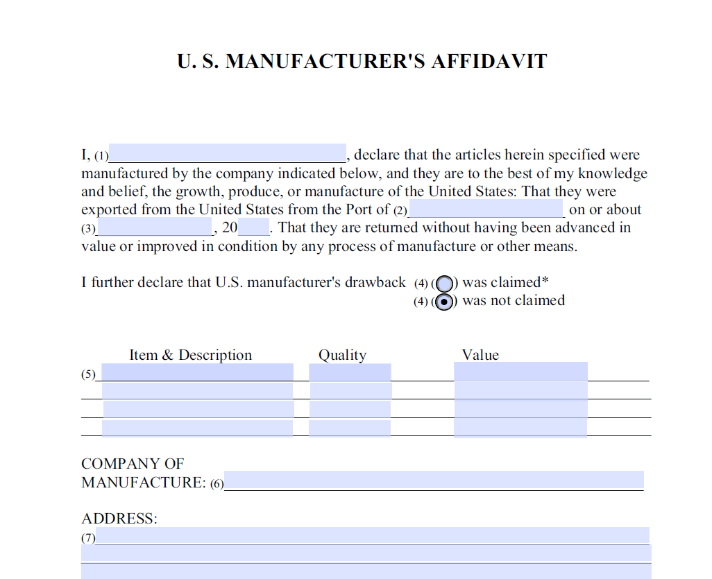 US Manufacturers Affidavit
