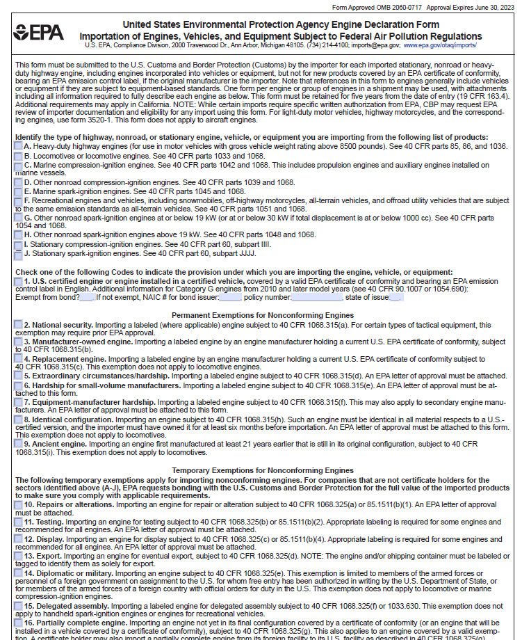 EPA Form 3520-21 All Other Engines