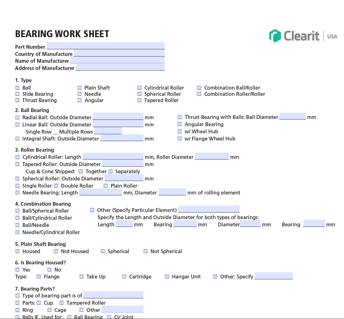 Bearings Classification Worksheet