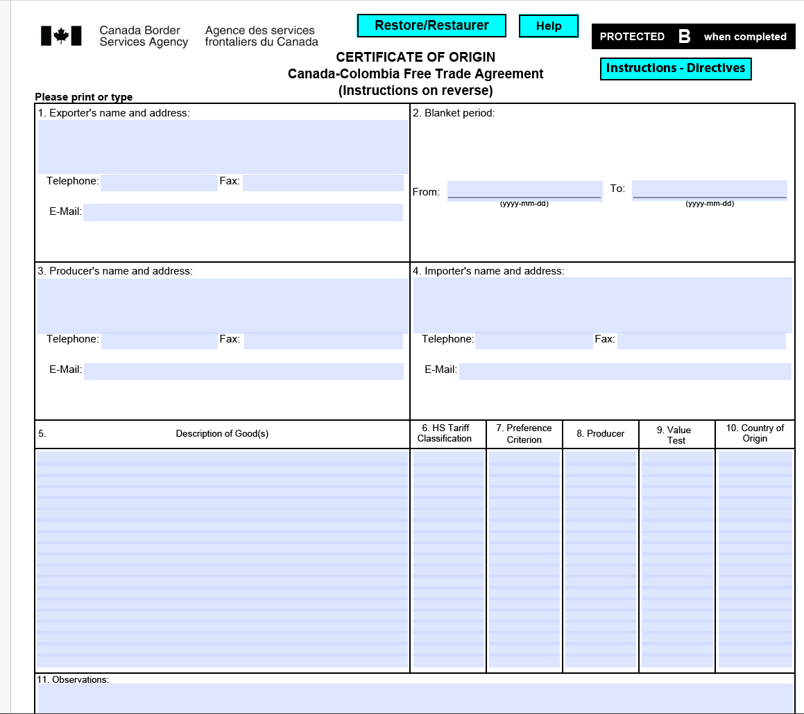 Canada – Columbia certificate of origin