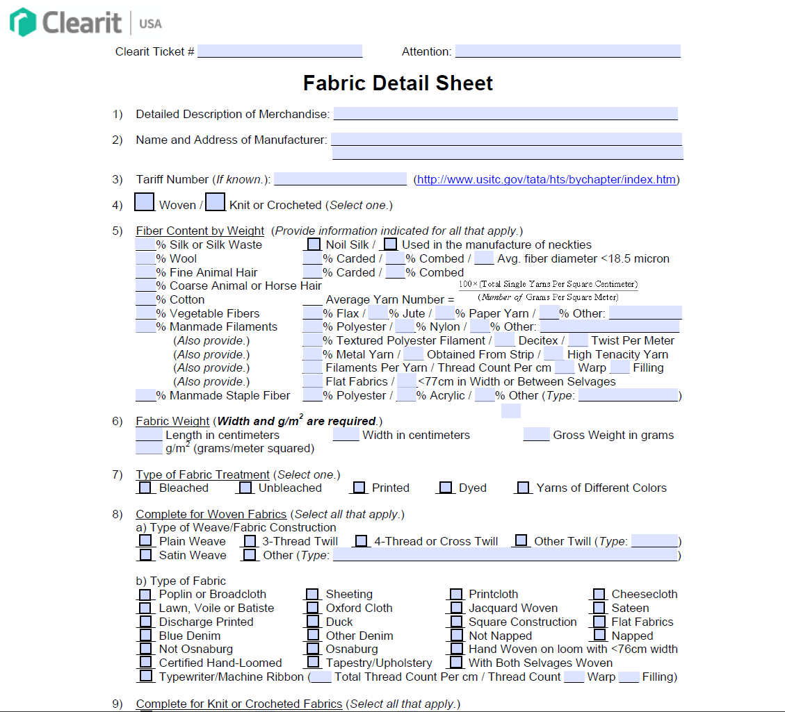 Fabric Worksheet