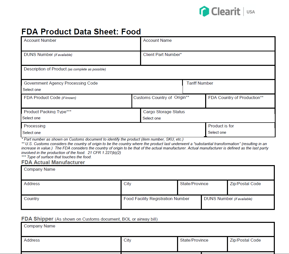 FDA Food Datasheet