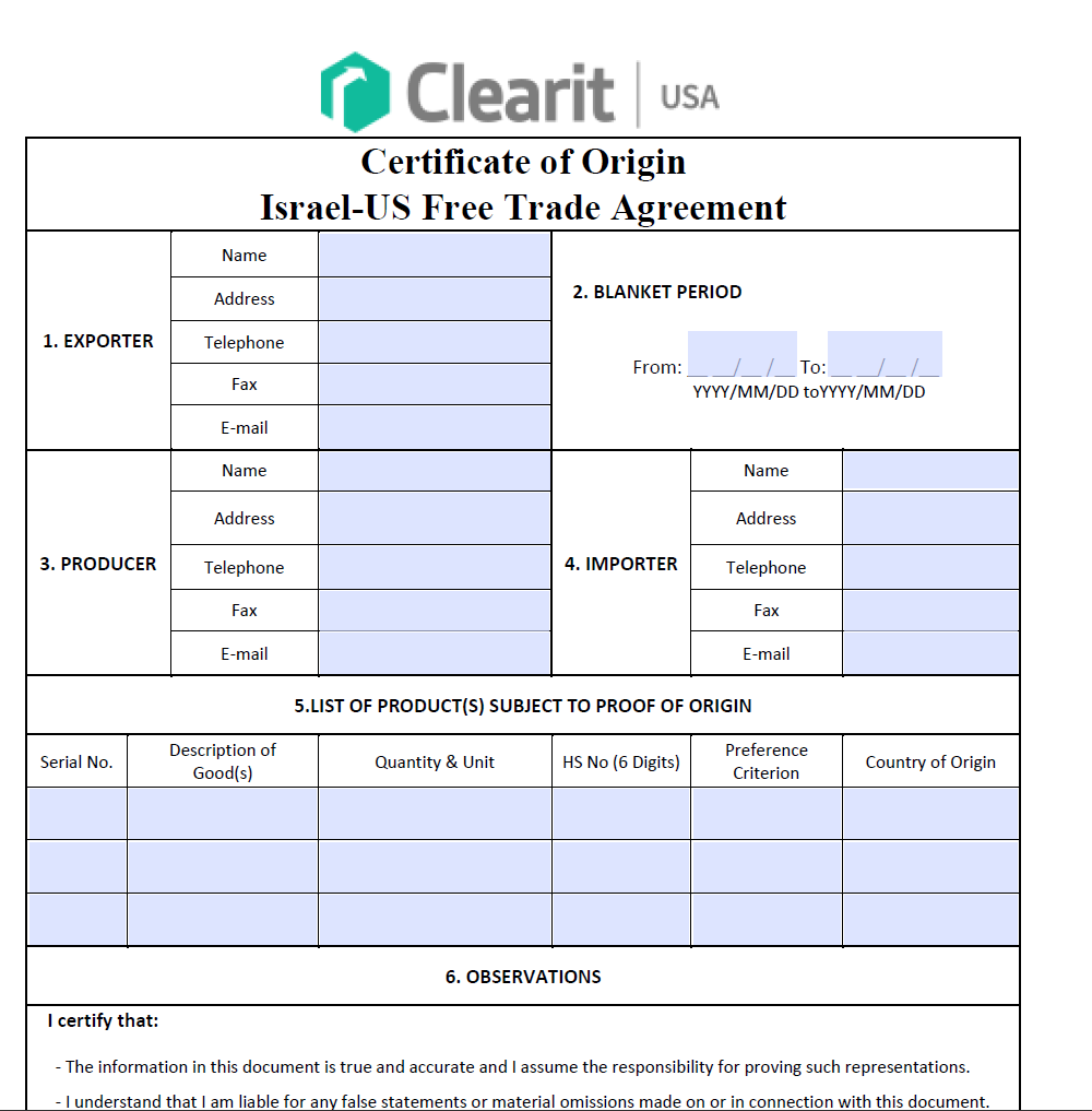 Israel-U.S. Free Trade Certificate