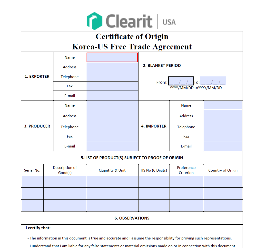 Korea-U.S. Free Trade Certificate
