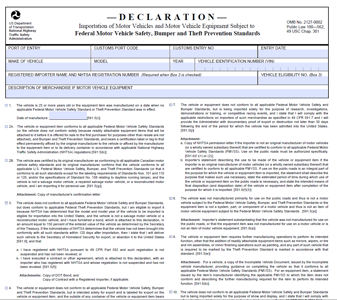 NHTSA Importation of Motor Vehicle