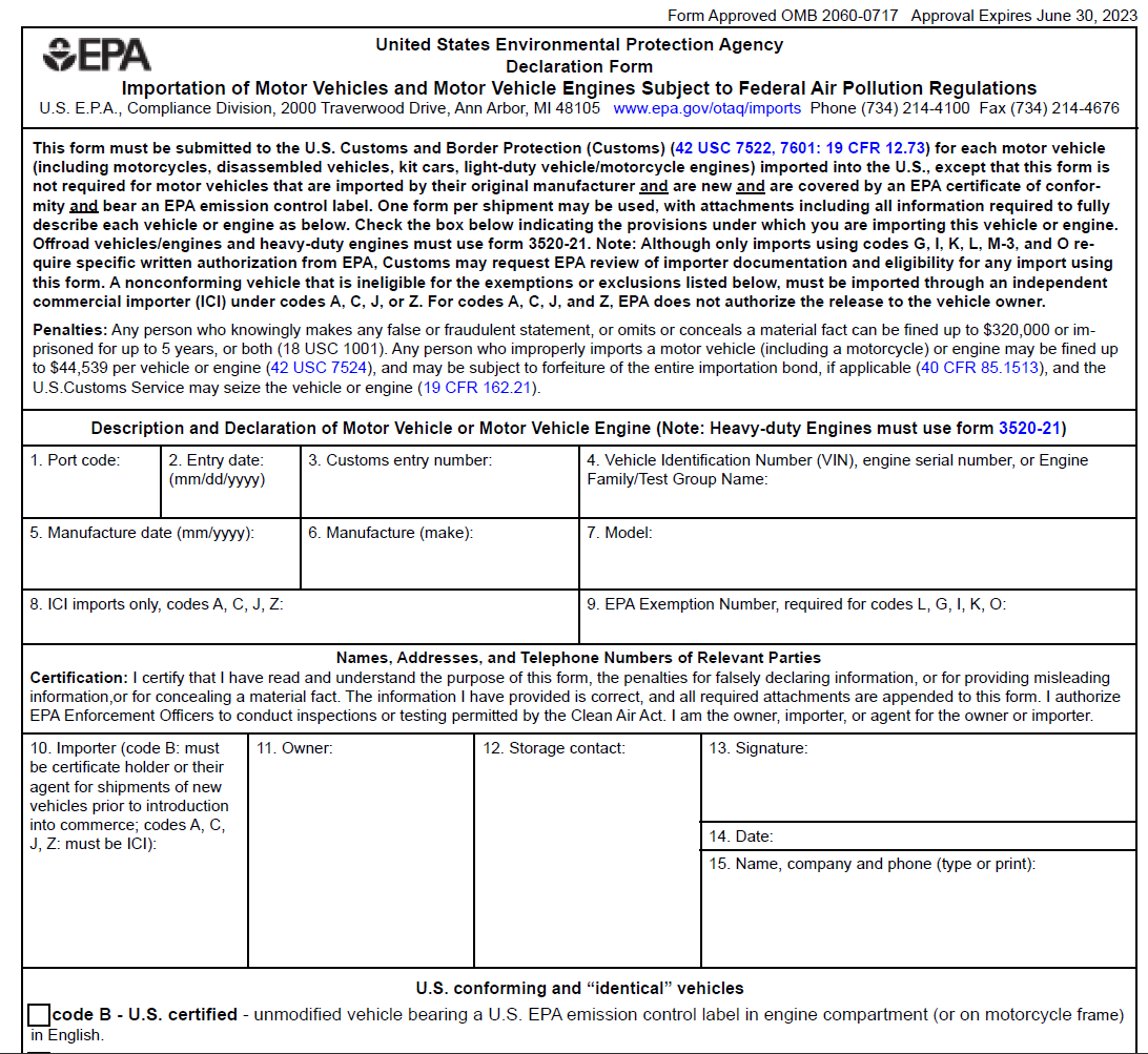 EPA Form 3520-1 Vehicle Engines