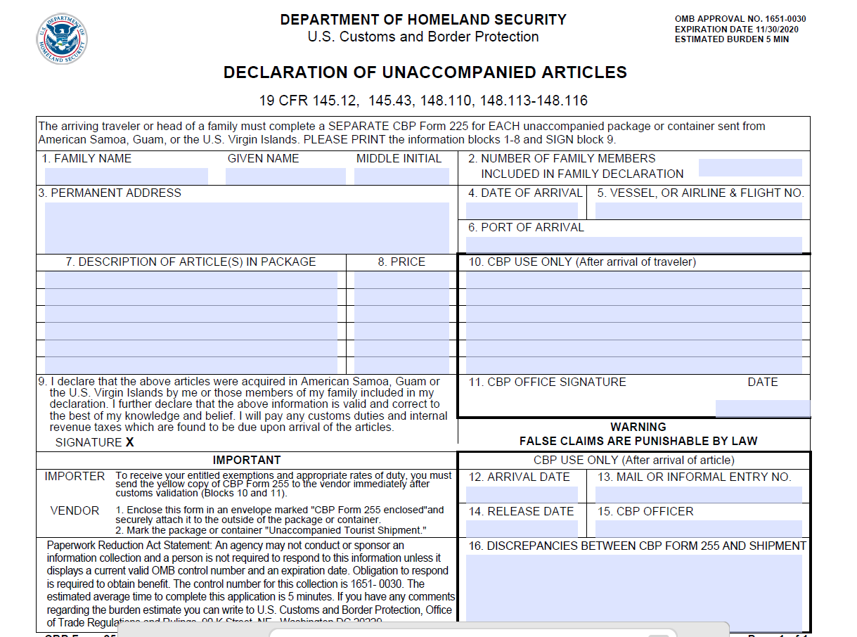 Declaration Of Unaccompanied Articles