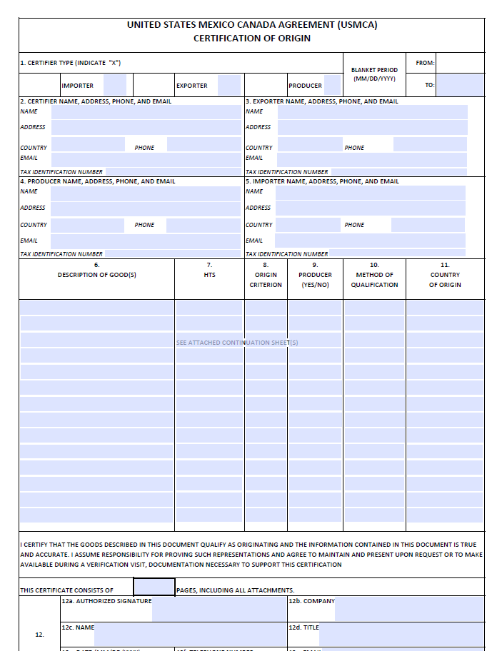 USMCA Certificate of Origin