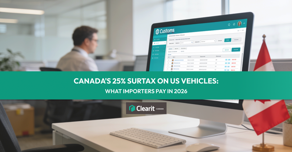 Canadian customs broker at desk using customs management platform to calculate 25% surtax on US-origin vehicles, verify CUSMA eligibility, and determine total landed costs including GST and RIV fees. Scene includes Canadian flag, import documentation, and reference materials illustrating CBSA vehicle classification process and SOR/2025-118 surtax order compliance for Canadian Motor Vehicle Safety Standards.