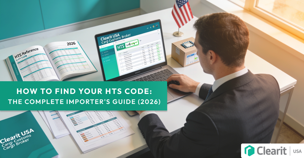 Customs broker or import compliance professional working at desk with HTS reference manuals, 2026 tariff schedules, and Clearit USA customs brokerage platform displayed on laptop screen. Scene includes import documentation, shipping boxes, and US flag, illustrating the HTS classification process for determining customs duties and tariff codes under HTSUS guidelines.