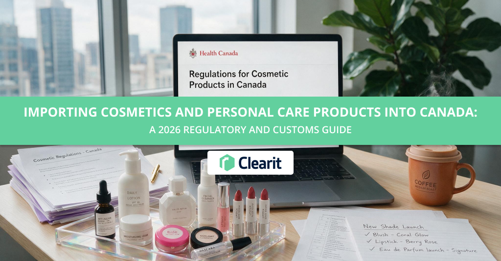 Laptop displaying Health Canada cosmetic regulations beside skincare and makeup products prepared for commercial import into Canada.